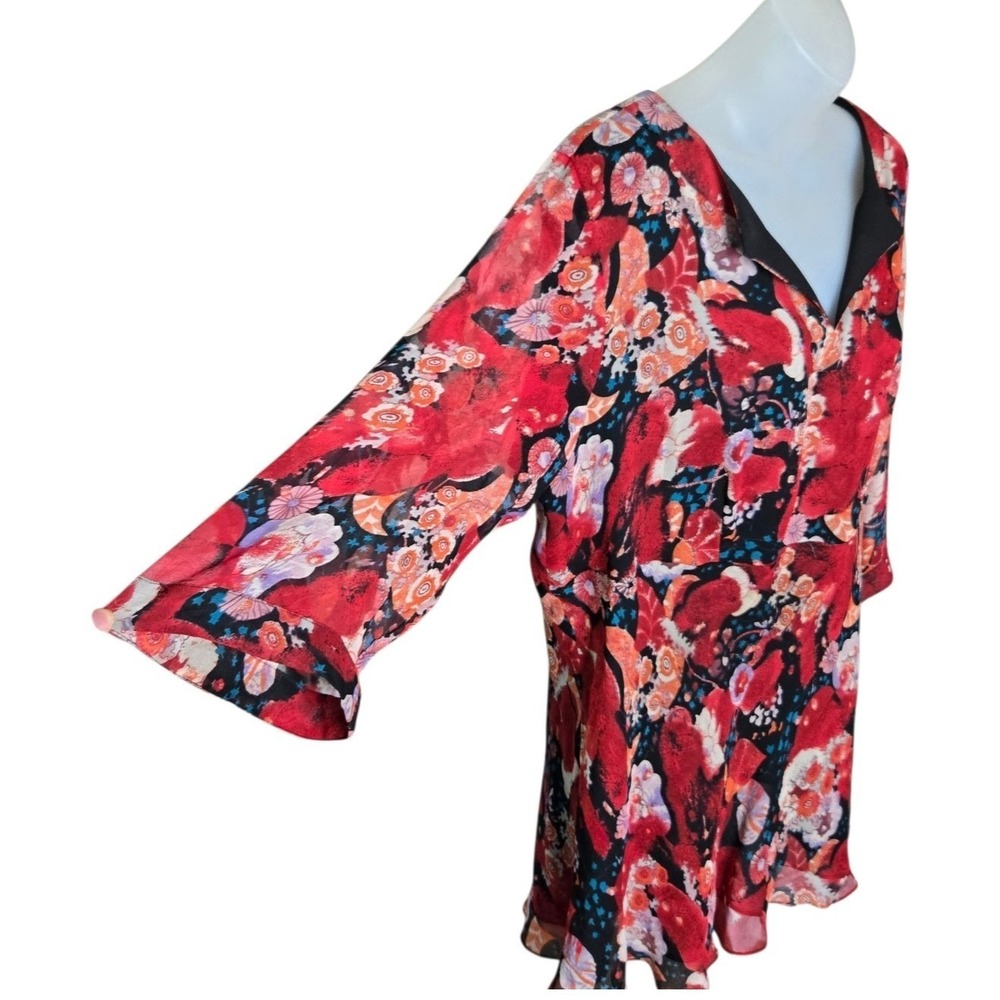 Avenue Womens Romantic Boho Silk Floral Tunic Top Size 14 16 Bell Sleeve Dainty - Picture 4 of 8